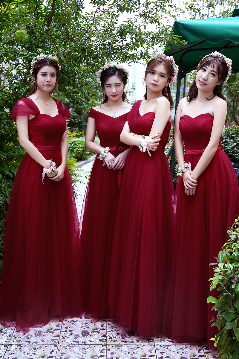 Wine Red Tulle Mismatch Long A-line Prom Dresses, Dark Red Formal Dress Evening Dresses Wine Red Tulle Mismatch Long A-line Prom Dresses, Dark Red Formal Dress Evening Dresses