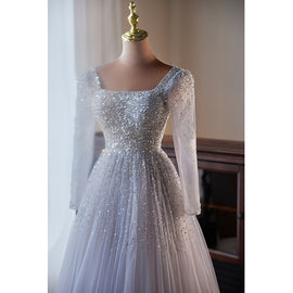 A-line Tulle Sequins Long Sleeves Party Dress, Sliver-Grey Shiny Prom Dress