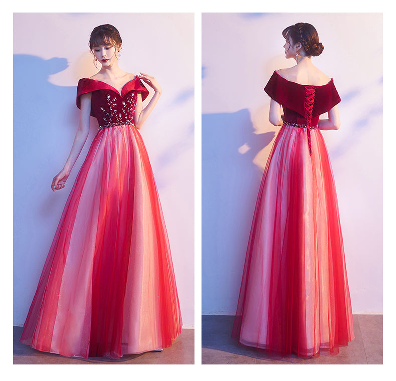 Red Tulle Velvet Top Beaded Off Shoulder Long Party Dress, A-line Red Prom Dresses