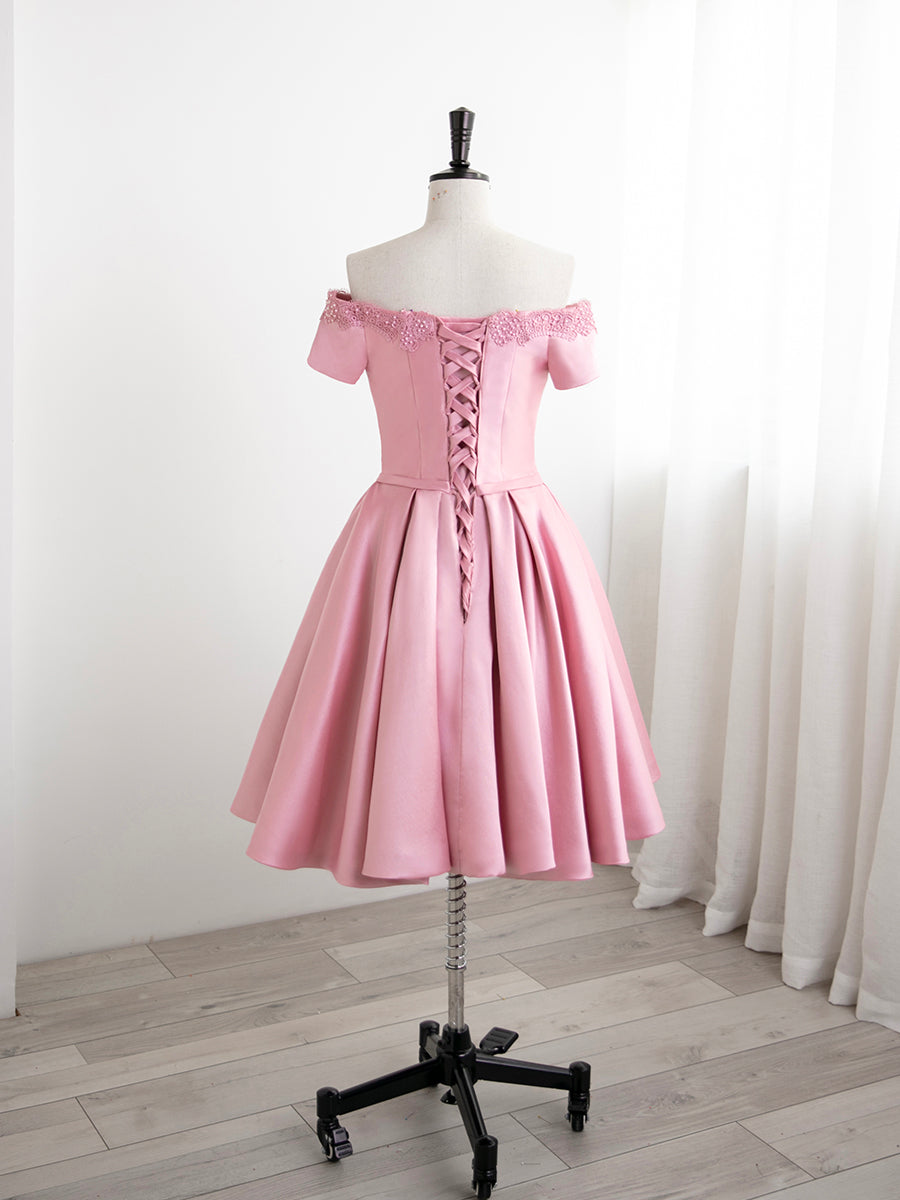 Lovely Pink Satin Short Party Dress Homecoming Dress, Off Shoulder Prom Dress