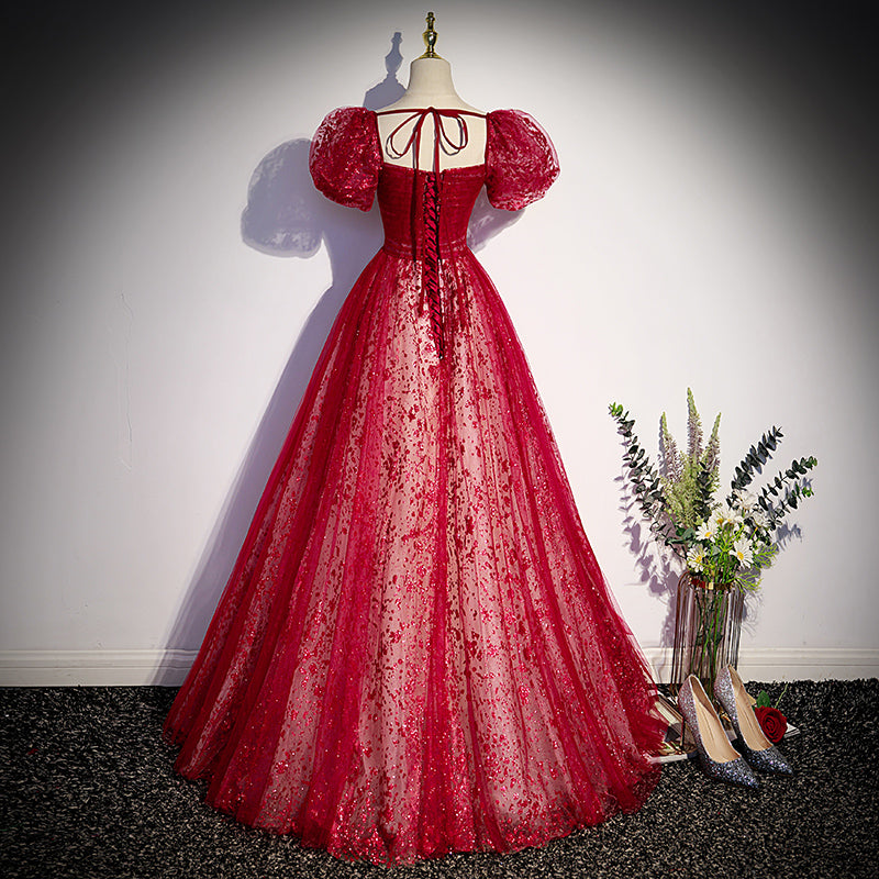 Wine Red Shiny Tulle Sweetheeart Puffy Prom Dress, Long Evening Gown Cutedressy Wine Red Shiny Tulle Sweetheeart Puffy Prom Dress, Long Evening Gown Cutedressy