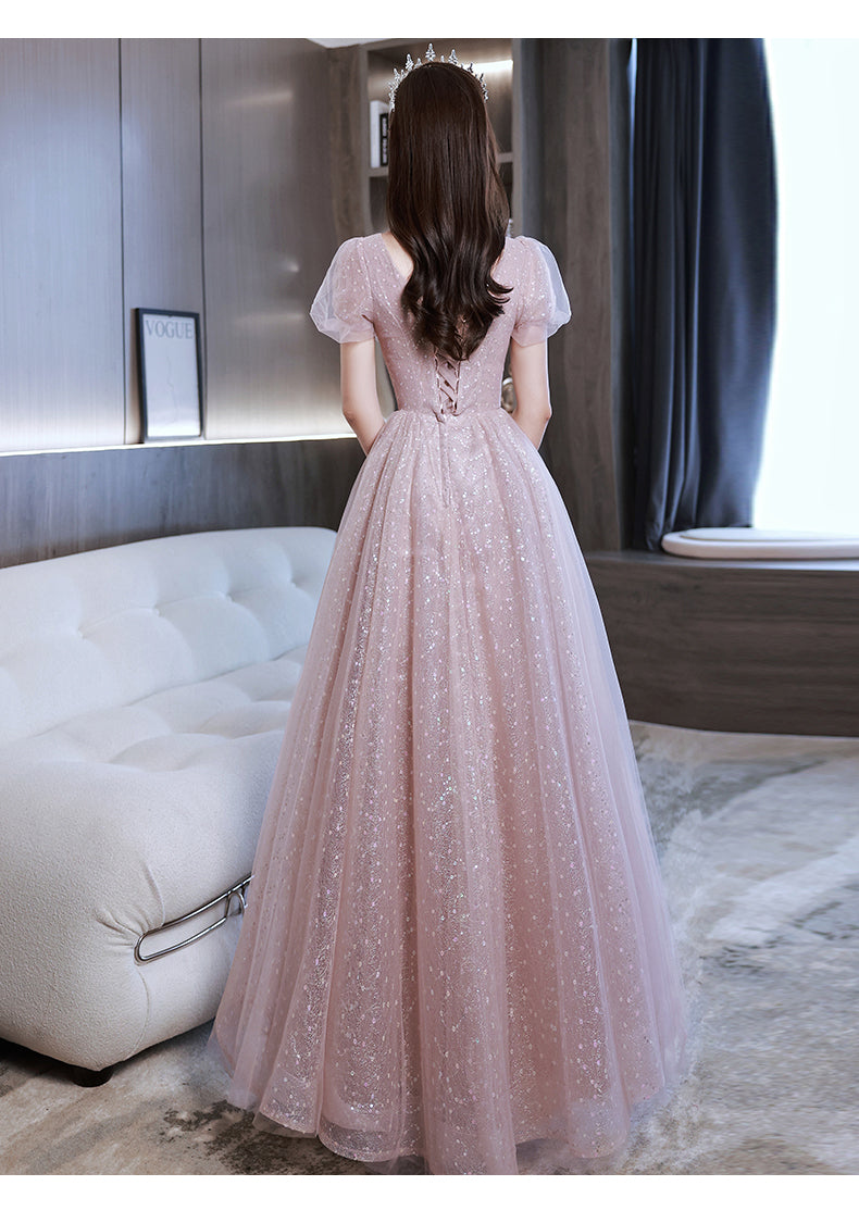 Shiny Tulle Pink Short Sleeves Sweetheart Prom Dress, A-line Pink Tulle Evening Dress