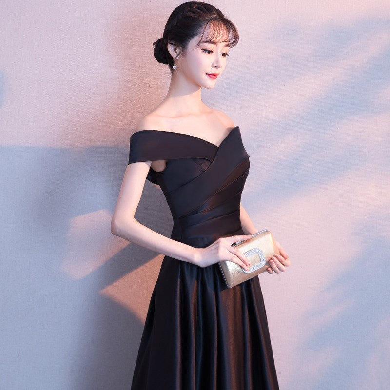 Black Off Shoulder Satin Long Party Dress, A-line Black Sweetheart Prom Dress main image 1