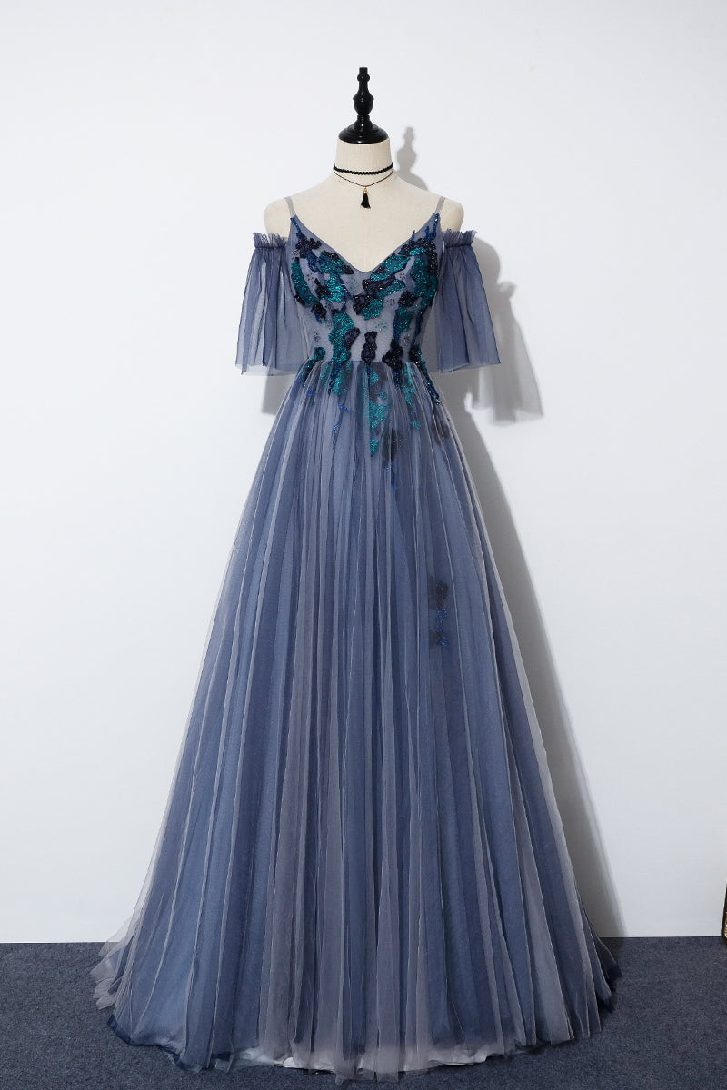 Blue Tulle Straps V-neckline Long Formal Dress, Long Party Dress  2020