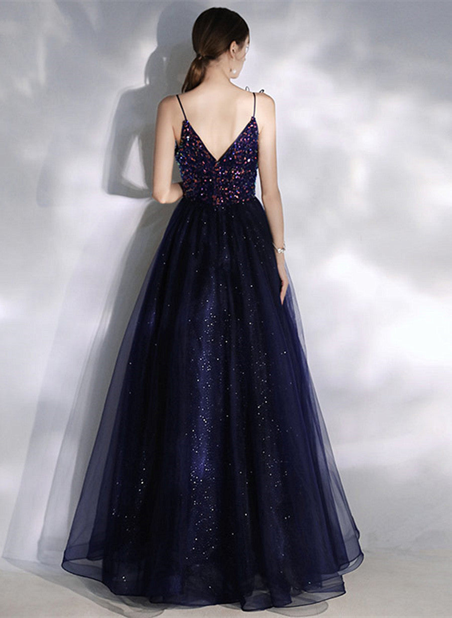 Navy Blue V-neckline Sequins and Tulle Party Dress, A-line Blue Prom Dress