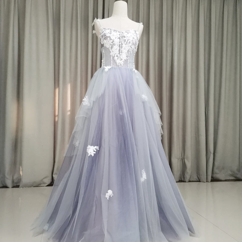 Fashionable Grey Tulle Sweetheart Straps Long Party Dress, Sweet 16 Dress