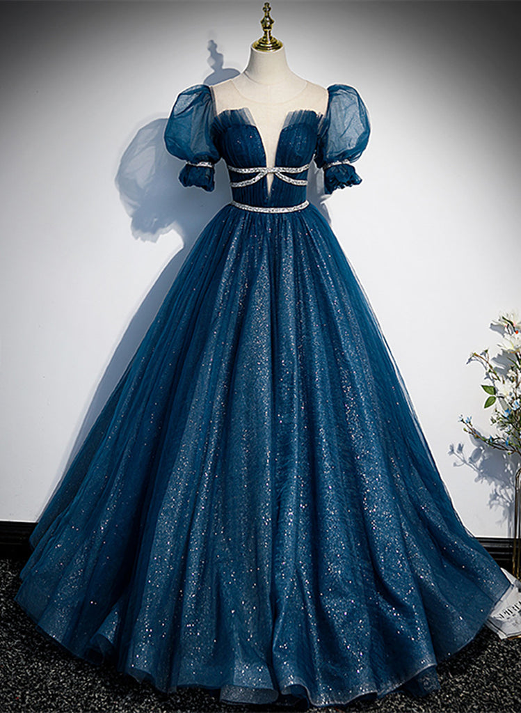 Shiny Tulle Blue Short Sleeves Long Formal Dress, Blue Evening Prom Dr