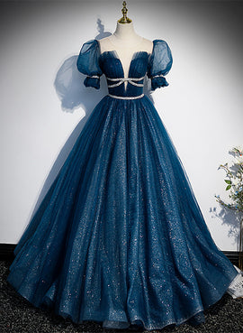 Shiny Tulle Blue Short Sleeves Long Formal Dress, Blue Evening Prom Dress