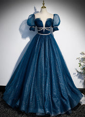 Shiny Tulle Blue Short Sleeves Long Formal Dress, Blue Evening Prom Dress