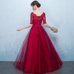 Wine Red 1/2 Sleeves Lace and Tulle Party Dress, Charming Dark Red Formal Gowns