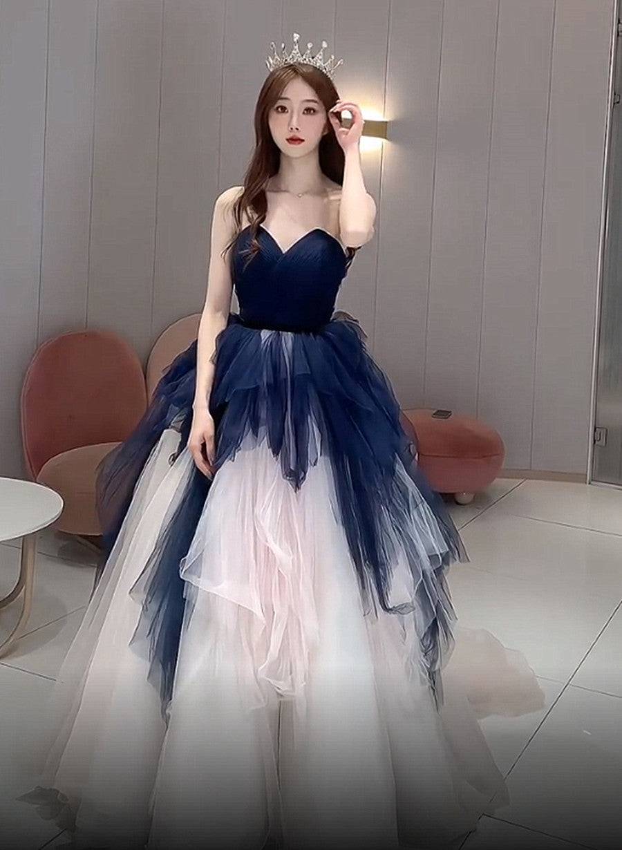 Navy Blue and Ivory Tulle Sweetheart Formal Dress, Layers Tulle Prom D – Cutedressy