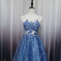 Blue Lace Round Neckline High Low Party Dress, Blue Short Homecoming Dress