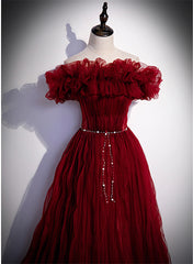 Wine Red Scoop Long Party Dress with Belt, A-line Wine Red Tulle Formal Dress