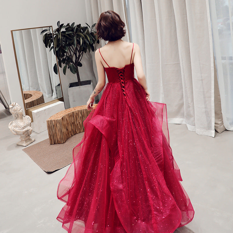 Elegant Red Satin Evening Dresses 2020 A-Line / Princess See-through Deep  V-Neck Sleeveless Beading Floor-Length / Long Ruffle Backless Formal Dresses