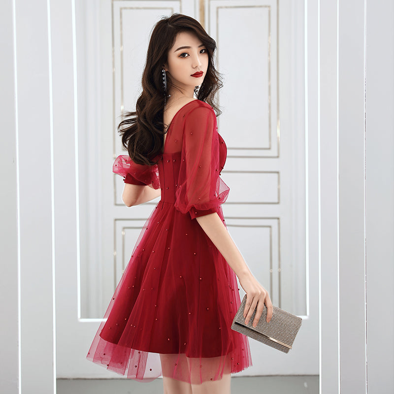 Wine Red Short Sleeves Homecoming Dress, Dark Red Short Formal Dress Wine Red Short Sleeves Homecoming Dress, Dark Red Short Formal Dress