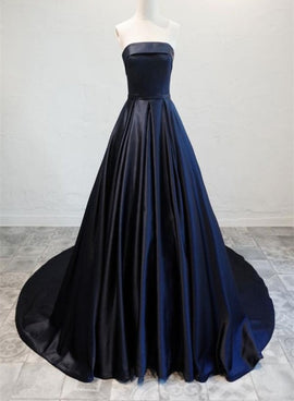 Navy Blue Satin Long Party Dress,  Elegant Dark Blue Formal Dress Evening Dress
