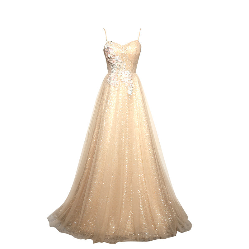 Beautiful Light Champagne Straps Long Bridesmaid Dress, A-line Formal Dress