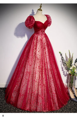 Wine Red Shiny Tulle Sweetheeart Puffy Prom Dress, Long Evening Gown