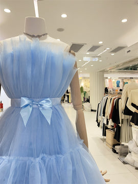 Cute Short Blue Tulle Party Dress with Bow, Lovely Formal Dresses Homecoming Dress