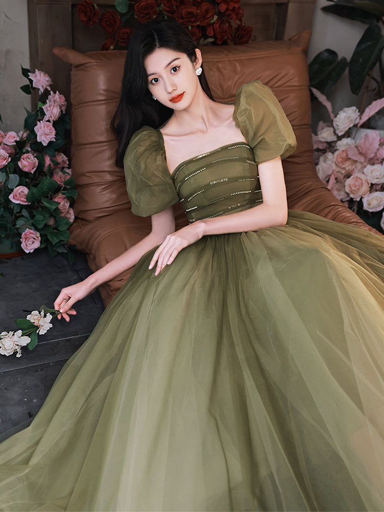 Green Puffy Short Sleeves Tulle Prom Party Dress, Green Evening Dresses