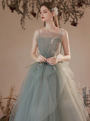Light Green Tulle with Lace Long Junior Prom Dress, Green Formal Dresses