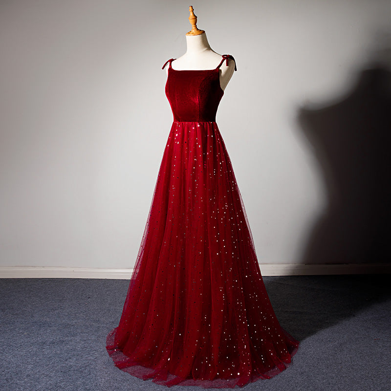 Charming Dark Red Tulle with Velvet Long Straps Party Dress, Bridesmai Cutedressy Charming Dark Red Tulle with Velvet Long Straps Party Dress, Bridesmai Cutedressy