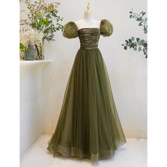 Light Green Short Sleeves Tulle Sequins Long Junior Prom Dress, Green Party Dresses