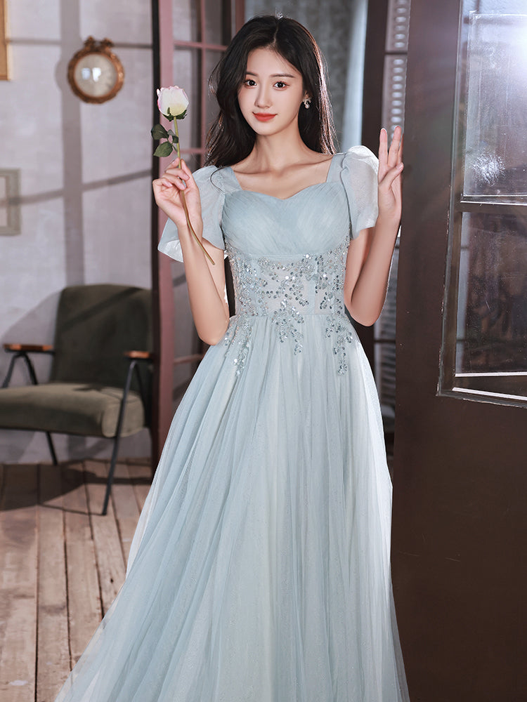 Light Blue Short Sleeves Beaded Tulle Long Formal Dress, Blue A-line P