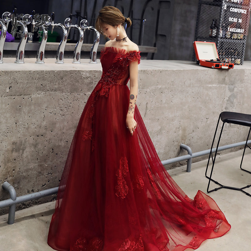 Wine Red Tulle with Beadings and Lace Off Shoulder Evening Gown, Wine Red Prom Dress Wine Red Tulle with Beadings and Lace Off Shoulder Evening Gown, Wine Red Prom Dress