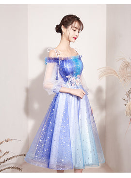 Beautiful Gradient Blue Sparkle Short Prom Dress, Off Shoulder Tulle Homecoming Dress