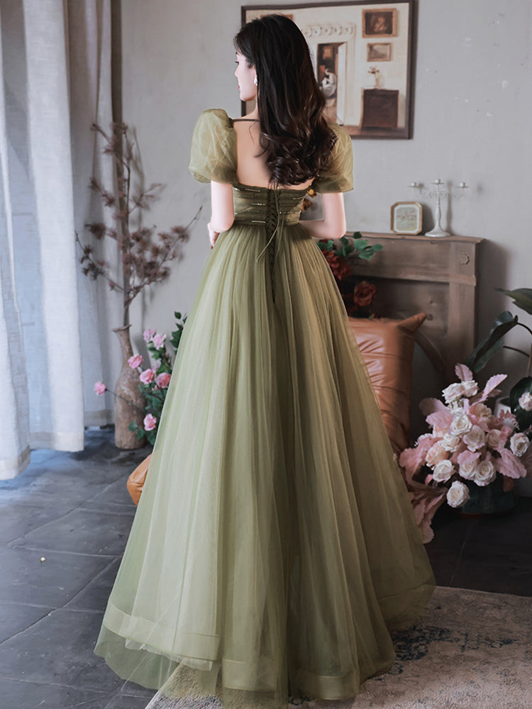 Green Puffy Short Sleeves Tulle Prom Party Dress, Green Evening Dresse Cutedressy Green Puffy Short Sleeves Tulle Prom Party Dress, Green Evening Dresse Cutedressy