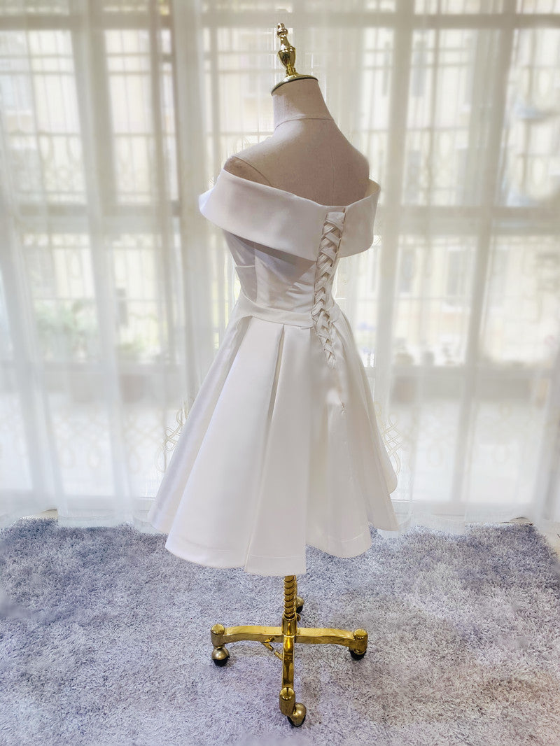 White Simple Satin Off Shoulder Knee Length Party Dress, Graduation Dress Prom Dress