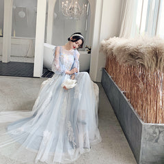 Blue Tulle with Lace Long Sleeves Floor Length Party Dress,A-line Tulle Evening Gown