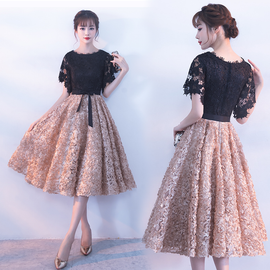 Lovely Black Lace Top Tea Length Party Dress, Black Prom Dress