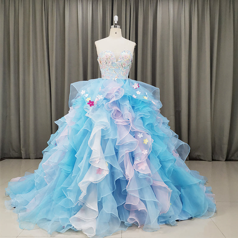 Gorgeous Organza Flowers Blue Sweet 16 Gown, Handmade Party Dress