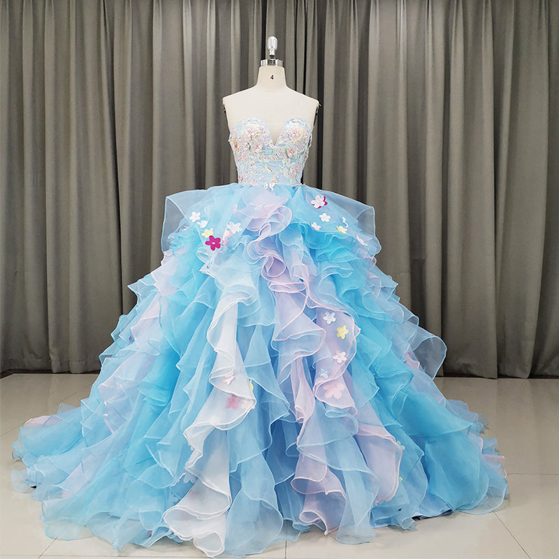 Gorgeous Organza Flowers Blue Sweet 16 Gown, Handmade Party Dress – Cutedressy