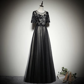Black Tulle Long Prom Dress , Black Party Dress with Lace Applique