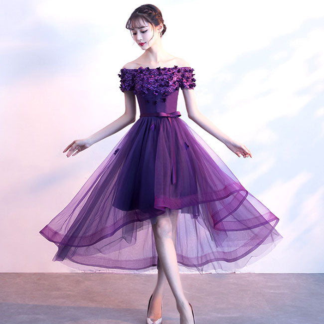 Adorable High Low Tulle Off Shoulder Flowers Party Dress, Cute Homecom Cutedressy Adorable High Low Tulle Off Shoulder Flowers Party Dress, Cute Homecom Cutedressy