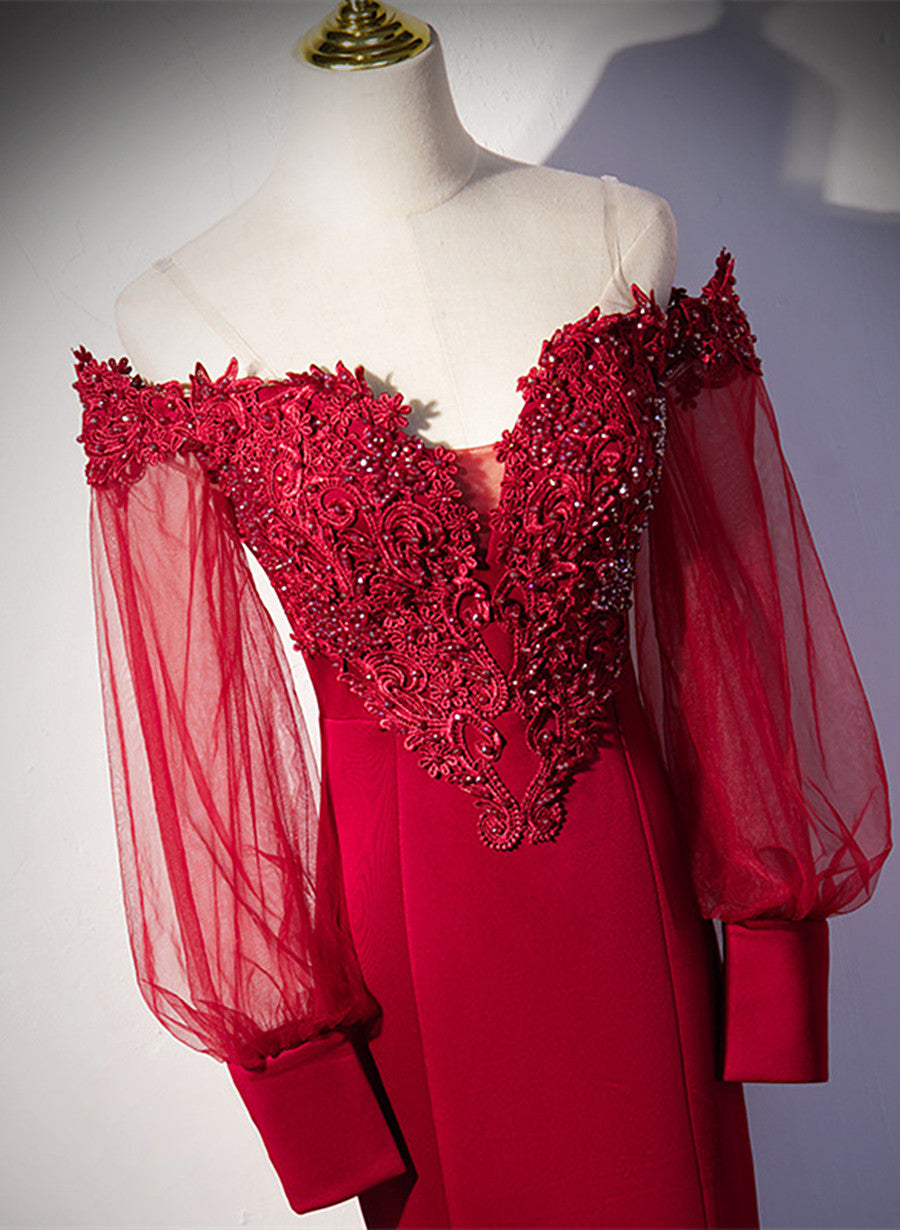 Burgundy Mermaid Long Sleeves Spandex with Lace Prom Dress, Burgundy W Cutedressy Burgundy Mermaid Long Sleeves Spandex with Lace Prom Dress, Burgundy W Cutedressy