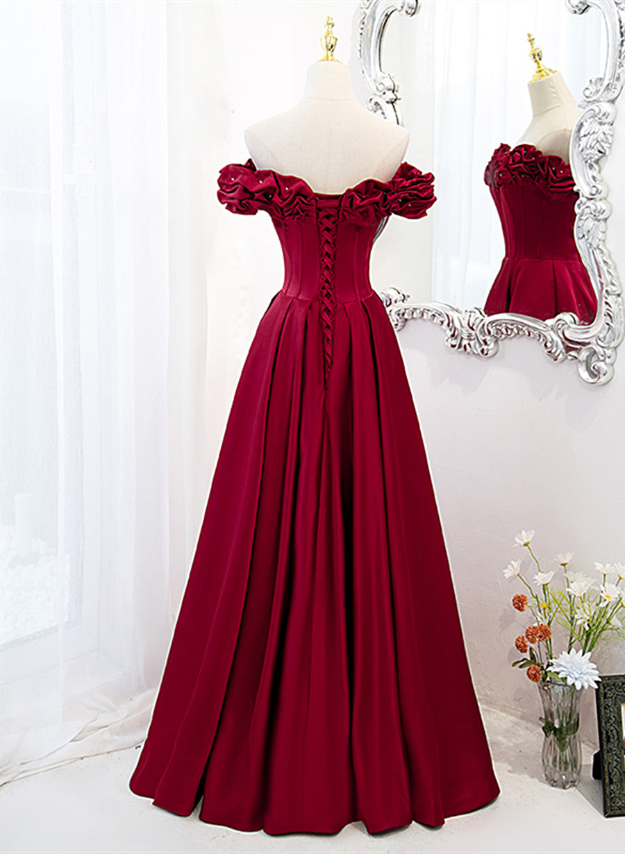 Wine Red Satin Off Shoulder Beaded Long Formal Dress, Wine Red A-line Prom Dress