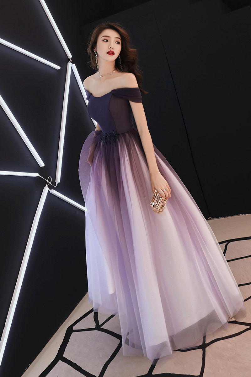 Beautiful Light Purple Gradient Tulle Long Formal Dress, Off Shoulder Prom Dress