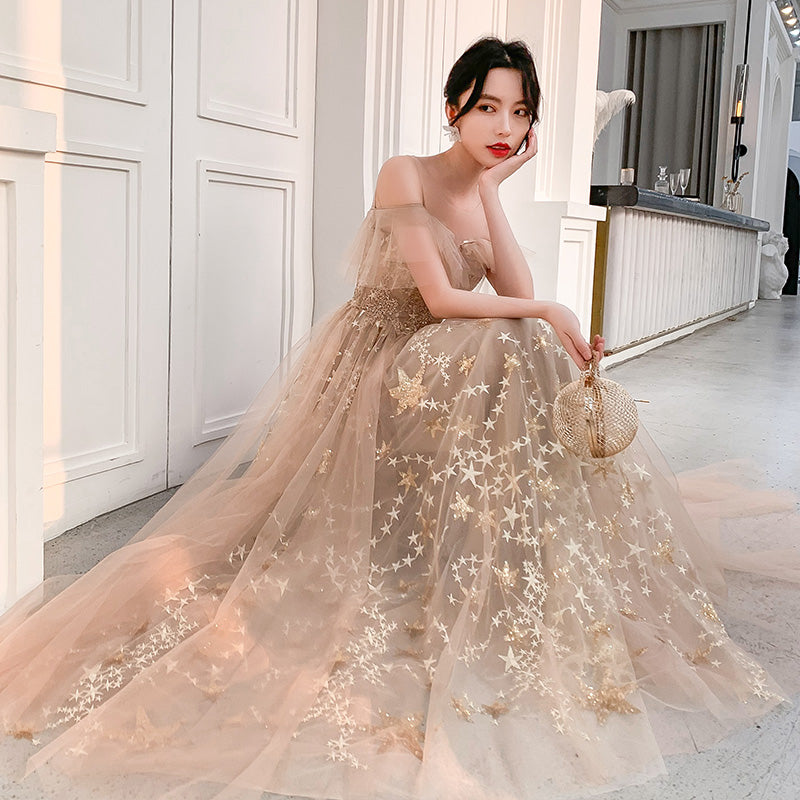 Champagne Tulle Long Party Dress Formal Dress, A-line Off Shoulder Pro Cutedressy Champagne Tulle Long Party Dress Formal Dress, A-line Off Shoulder Pro Cutedressy