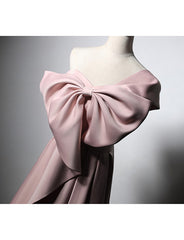 Pink Satin with Bow A-line Long Prom Dress, Pink Satin Formal Dress Party Dress