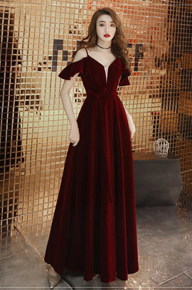 Beautiful Burgundy Straps Velvet Long Party Gown, Prom Dress