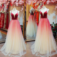 Beautiful Dark Red Tulle Long Party Gown, Straps Gradient Prom Dress