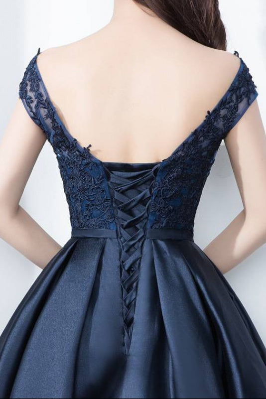 Beautiful Navy Blue Satin and Lace Knee Length Homecoming Dress, Short Cutedressy Beautiful Navy Blue Satin and Lace Knee Length Homecoming Dress, Short Cutedressy