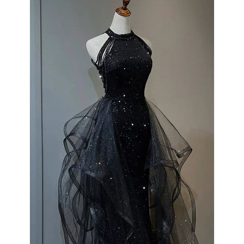 Black Halter Shiny Tulle Long Party Dress with Beadings, Black Tulle P