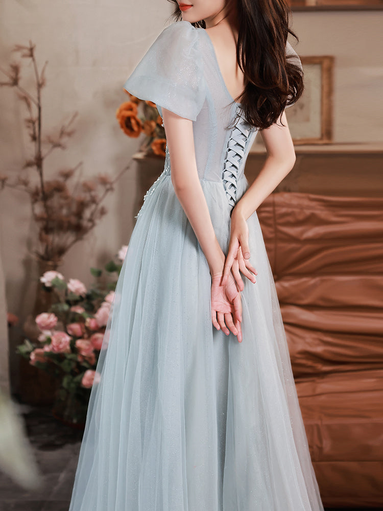 Light Blue Short Sleeves Beaded Tulle Long Formal Dress, Blue A-line P