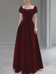 Burgundy Velvet Cap Sleeves Long Formal Dresses, A-line Velvet Evening Dress Prom Dresss