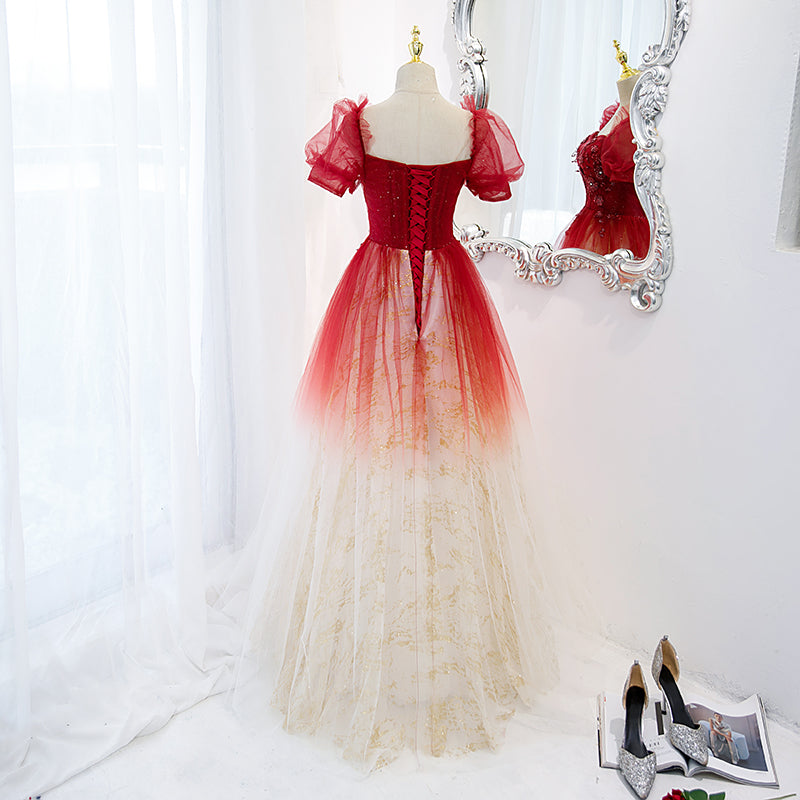 Beautiful Gradient Red Tulle Beaded Puffy Sleeves Formal Dress, A-line ...